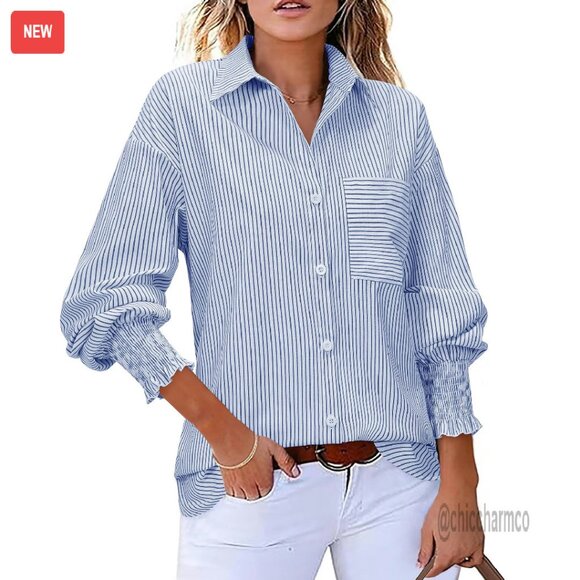 Tops - Oversized Button Down Shirt Smocked Cuff Long Sleeve Blouse Pocket